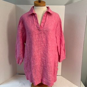 Tahari women’s  1X 3/4 sleeve 100% Linen pink top with Side buttons at hem